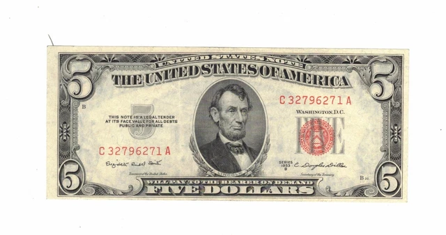 Series 1953-B $5 United States Note, Red Seal, Crisp