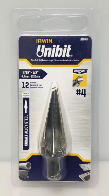 Irwin 10234CB #4 Unibit Step Drill Bit, 3/16" - 7/8", Speed Point Cobalt USA NEW