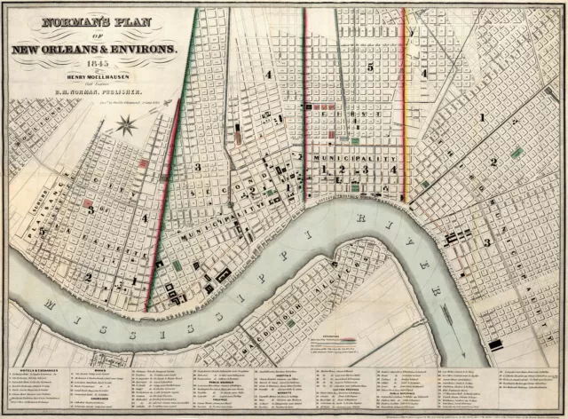 1845 Map New Orleans and Environs Wall Art Poster Print Decor Vintage History