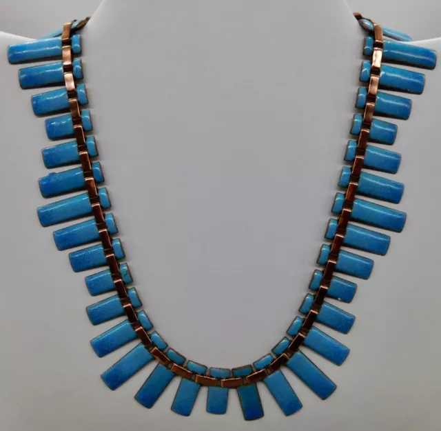 Vintage Mid-Century Modern MCM Copper & Blue Flat Enamel 15-1/2" Necklace/Choker