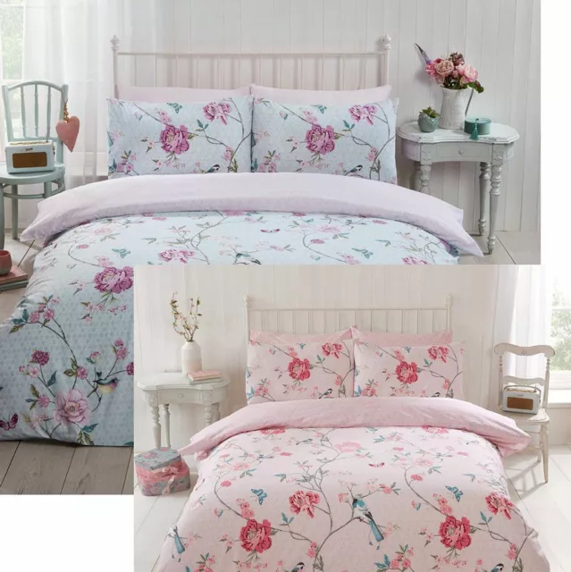 Vintage Floral Bird Reversible Duvet Quilt Cover Bedding Set with pillowcases