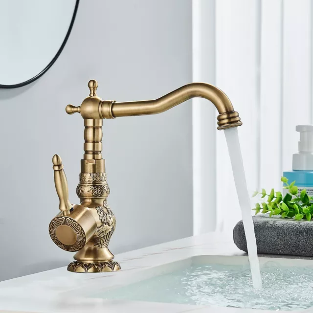 Antique Brass Bathroom Sink Faucet Single Handle Swivel Spout Vanity Basin Mixer