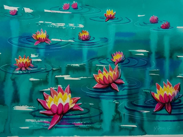 Khromykh Natalia quadro Acquerello Dipinto a mano NINFEE paesaggio arte arredo