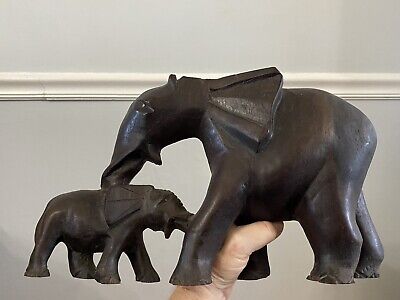 Vintage Hand Carved Wooden Elephant Mother and Child Statue Sculpture Figurine