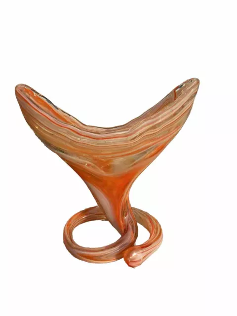 7” Blown Glass Flower Vase Whale Tail Swirl Twist Stretch Coiled Orange White