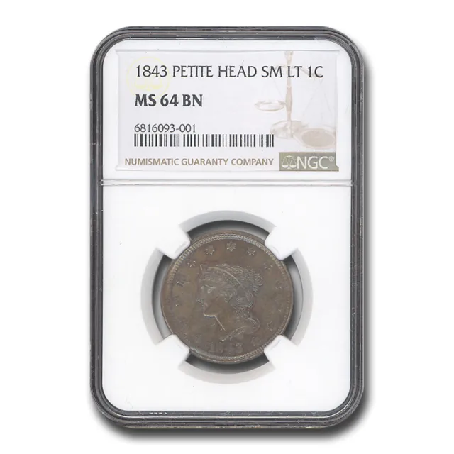 1843 Large Cent MS-64 NGC (Brown, Petite Head, Sm Letters)