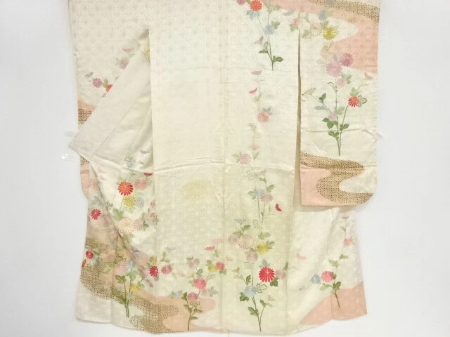 40972# Japanese Kimono / Antique Furisode / Embroidery / Cloud With Kiku