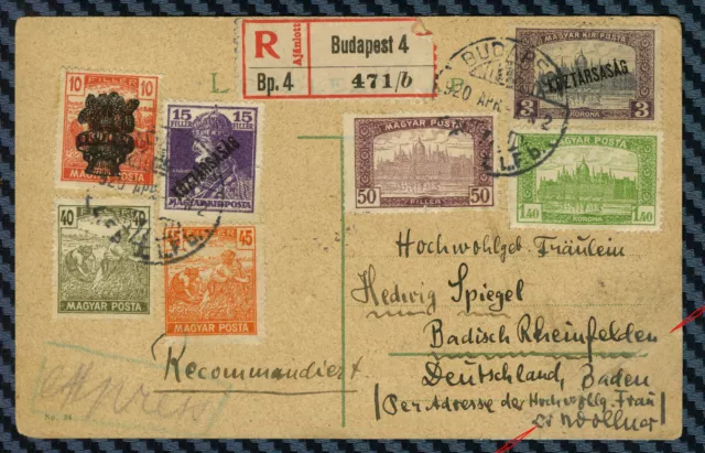 HONGRIE - Carte recommandée de BUDAPEST pour RHEINFELDEN (Allemagne) - 1920