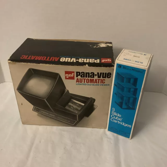 Visor de diapositivas vintage GAF Pana-Vue iluminado automático 2x2 caja original