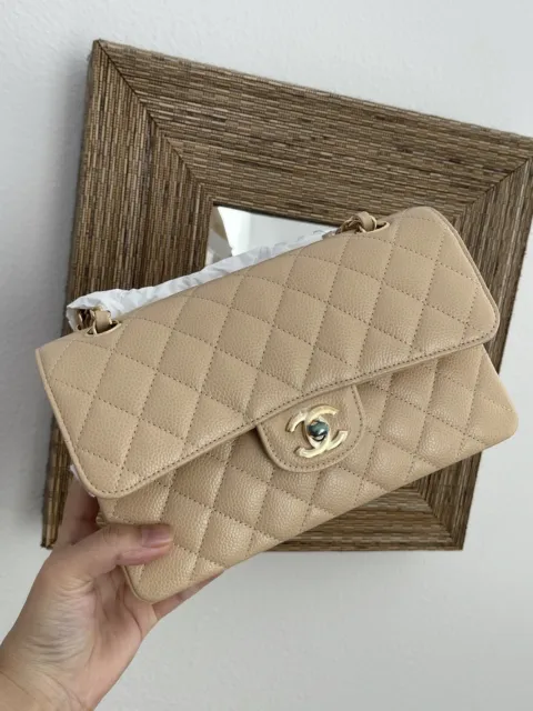 NEW w/ Tag CHANEL Beige GHW Caviar Quilted SMALL Double Flap with Receipt
