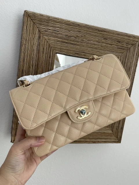 Chanel Classic Medium Double Flap, 22C Beige Caviar Leather, Gold