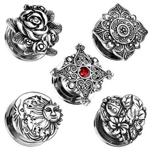 Flesh Oreille Tunnel Motif Vintage Tribal Plug Piercing Inox Obturation Vissable