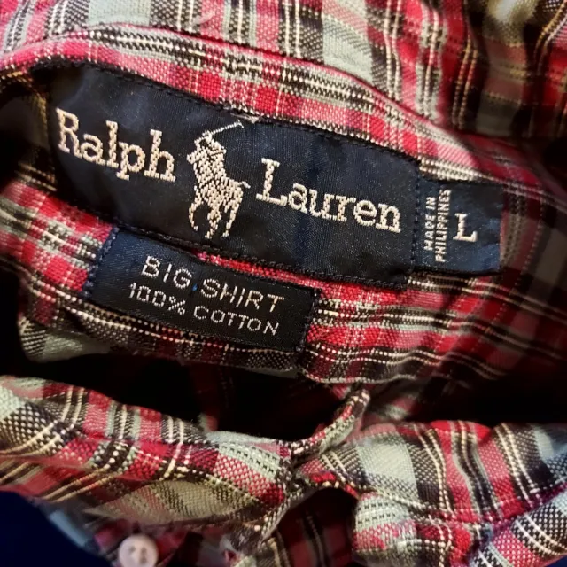 RALPH LAUREN BIG Shirt Plaid 100% Cotton Button Down Size Large ...