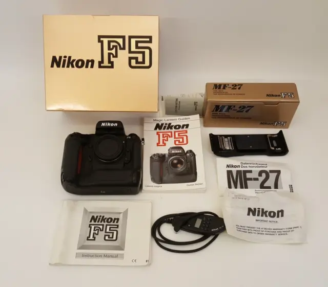Mint in box Nikon F5 35mm body black Japan + MF-27 data back MC-20 remote tested