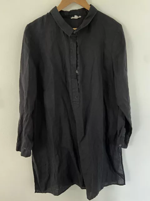 New Eileen Fisher Black Organic Linen Long Sleeve Tunic Top With Collar Size 1X