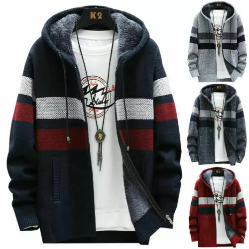 Mens Jacket Thick Fleece Fur Lined Hoodie Casual Warm Zip Up Coat Sweatshirt Top