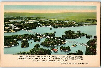 Postcard N.Y. Thousand Islands International Bridge Canadian Spans Aerial View