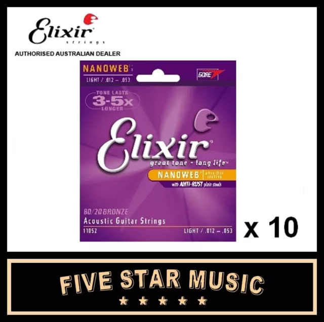 10 SETS ELIXIR Nanoweb Light Acoustic Bronze Guitar Strings 10 Sets 12-53 11052