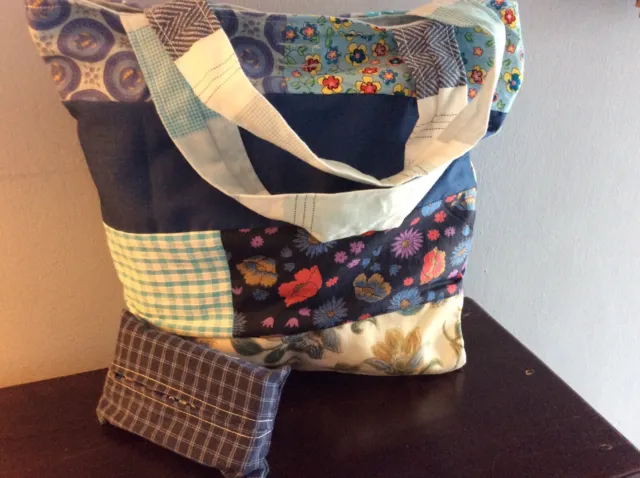 Handmade Fabric Childrens Lined Bucket Bag And Tissue Holder - Blue Patchwork
