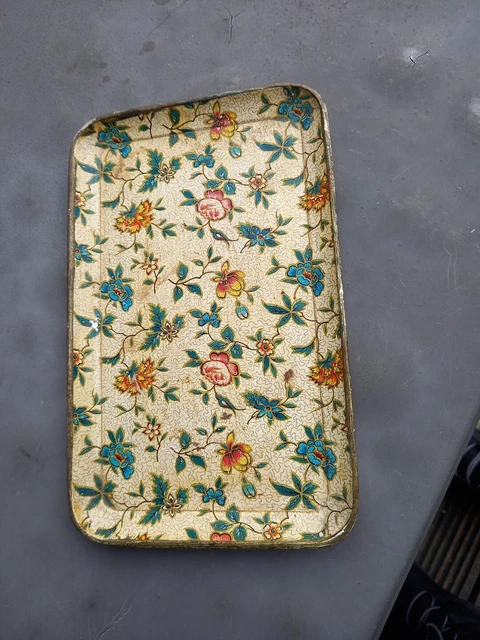 Bandeja de tole colorida de colección hojas flores papel maché 8"" x 5"" hecha en Japón