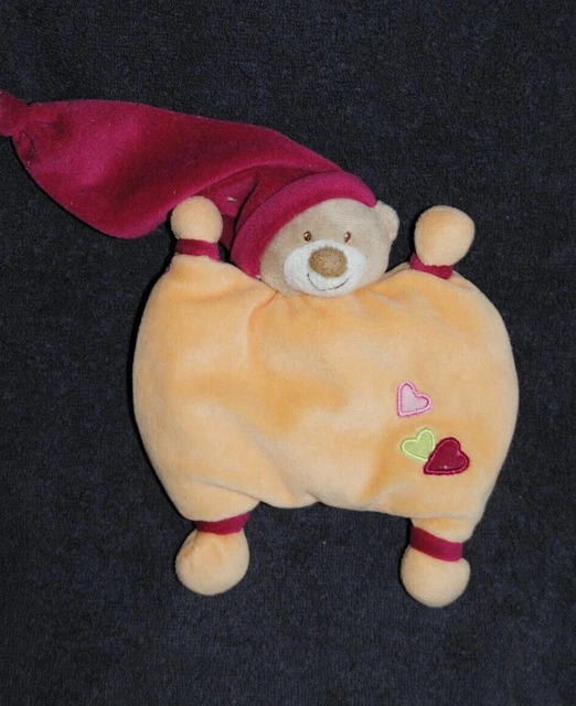 Peluche Doudou Semi Plat Ours Orange NATTOU Bonnet Coeur Rouge Hochet Grelot