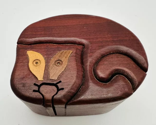 Vintage Handmade Carved Wood Wooden Cat Secret Puzzle Trinket Jewelry Art Box