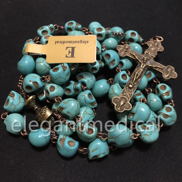 Catholic Vintage XL 10MM Turquoise skull beads Rosary Cross crucifix Necklace 3