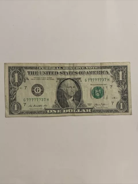 7 Of A Kind Seven 7’s fancy serial number $1 Dollar Bill