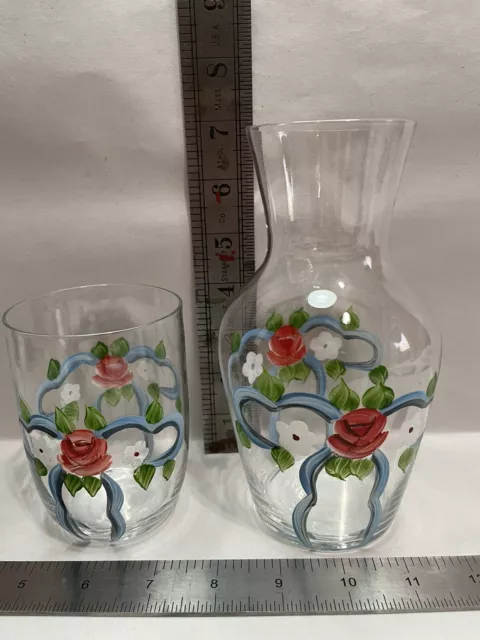 hand painted tumble up bedside water carafe and glass red roses blue ribbon