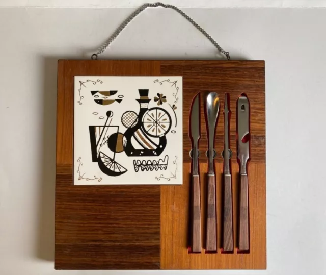 Vintage Mid Century Modern MCM Cheese Charcuterie Tile/Wood Board With Utensils