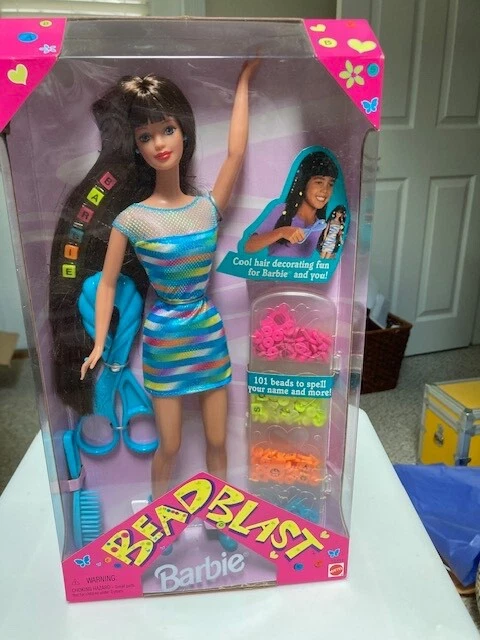 Barbie Bead Blast Doll Brunette 1997 Mattel 18891 Brown Hair Blue Dress - NRFB