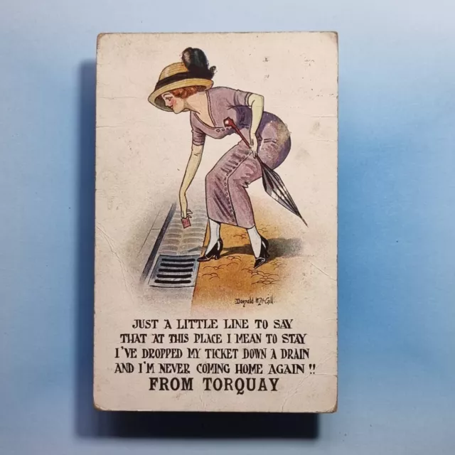 Donald McGill Comic Postcard 1916 Torquay Fashion Lady Train Ticket Drain A/F