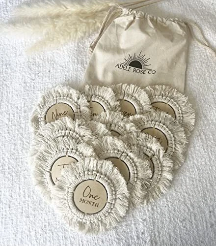 Baby Milestone Cards | Baby Monthly Milestone | Macrame Wooden Milestone Disc...