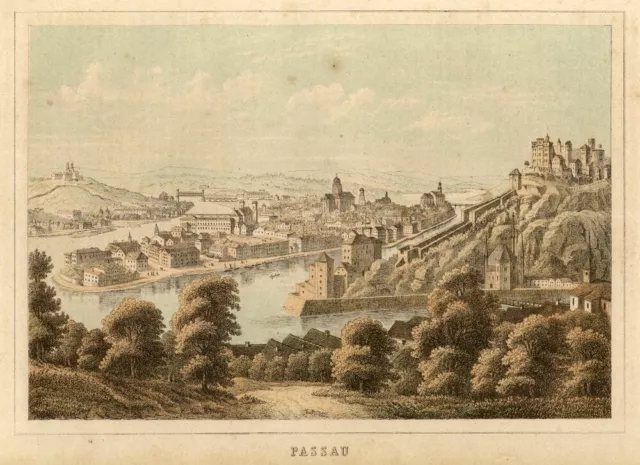 Passau, Gesamtansicht, Original-Farblithographie von 1866