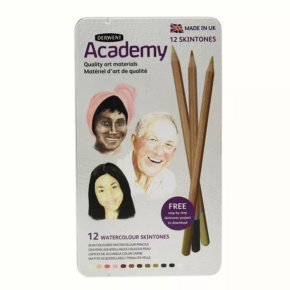 Derwent Academy Watercolour Flesh Skin Tones Pencils - 12 Tin Skintones