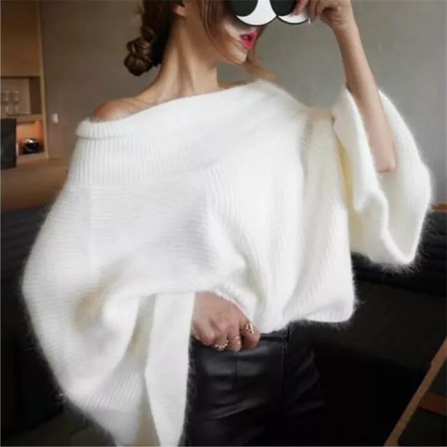 Sexy Womens Loose Fit Off Shoulder Faux Fur Sweater Warm Pullover Mohair Tops