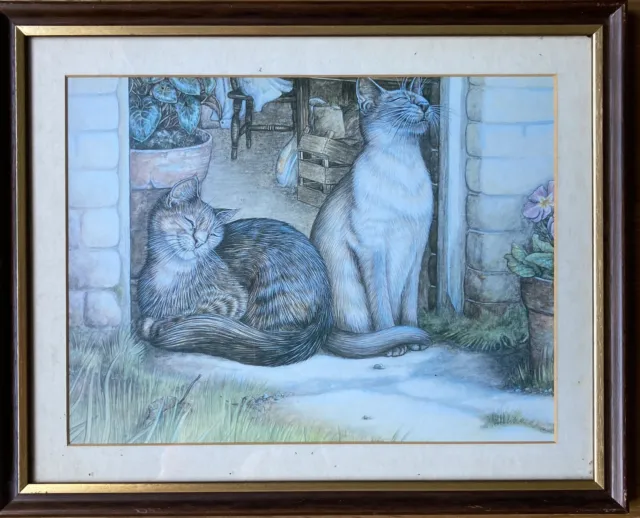 Pussy Cat Print. Cats Smiling. Framed. 15” x 12”.