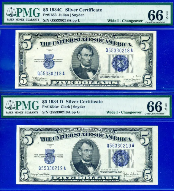 1934C 1934D $5 Silver Certificate PMG 66EPQ changeover notes Fr 1653 Fr 1654w