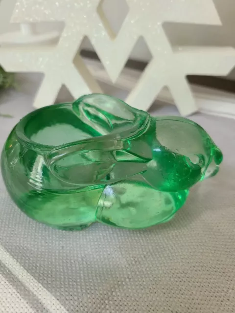 Vintage Indiana Glass~" BUNNY CRYSTAL Green TEA LIGHT VOTIVE CANDLE HOLDER"~