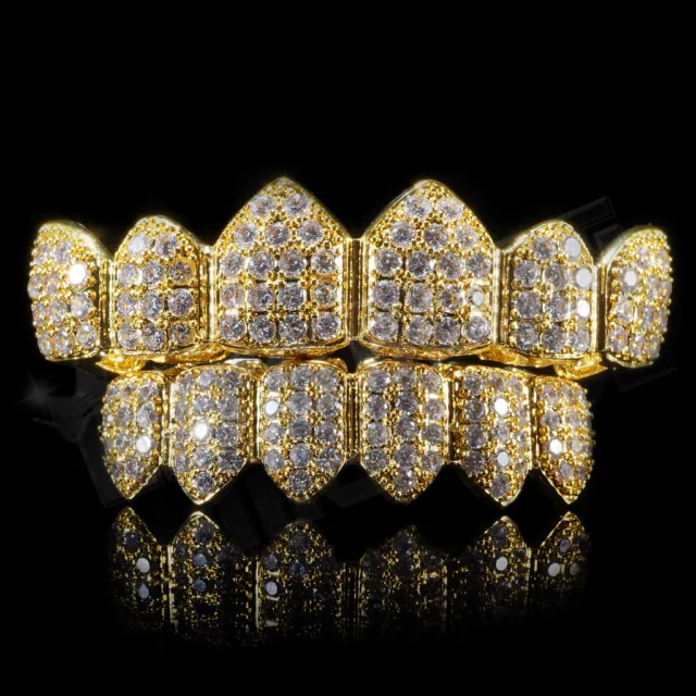 18K Gold Plated CZ Cluster Custom Slugs Top Bottom GRILLZ Mouth Teeth Grills Set