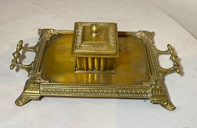 antique ornate 19th century Victorian gilt bronze brass desk inkwell stand tray