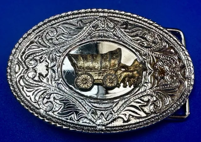 Horse Drawn Covered Wagon Vintage two tone Belt Buckle with reflective center