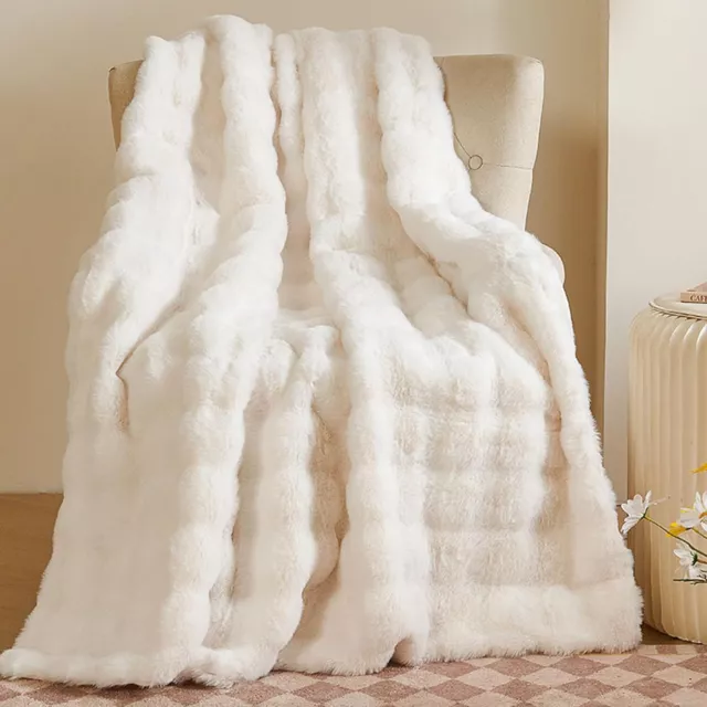 Luxury Bubble Rabbit Hair Artificial Texture Fine Plush Blanket Sofa Bed US