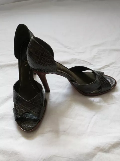 Ralph Lauren Callia Women Peep Toe Pumps 7B Black Leather 3.75" Heel Crocodile