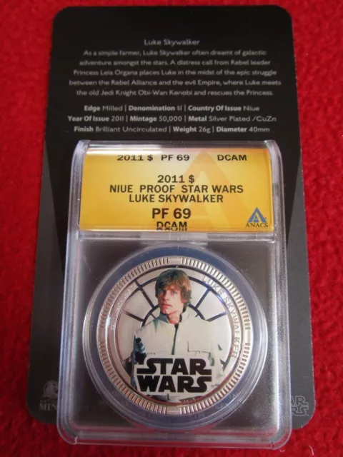 2011 Niue $1 Silver Plate Star Wars Luke Skywalker ANACS PF69 Disney ngc w/ COA!