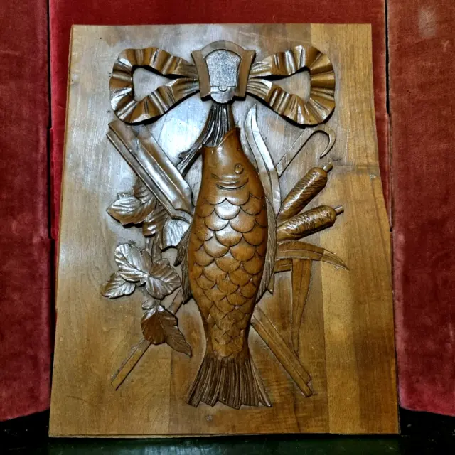 Ribbon fishing trophy wood carving panel - Antique French architectural salvage