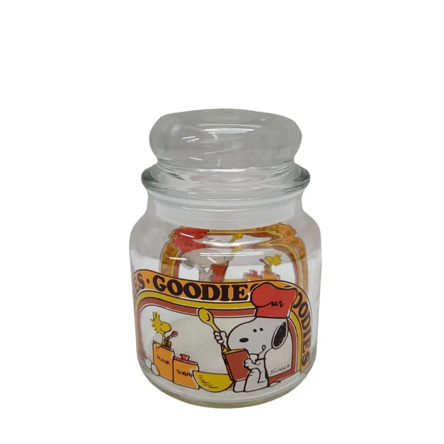 VINTAGE PEANUTS SNOOPY Woodstock Glass Goodie Jars 1965 5” Cookie Candy