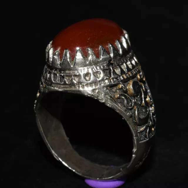 Authentic Old Near Eastern Silver Hakik Carnelian Ring with Inscription Bezel
