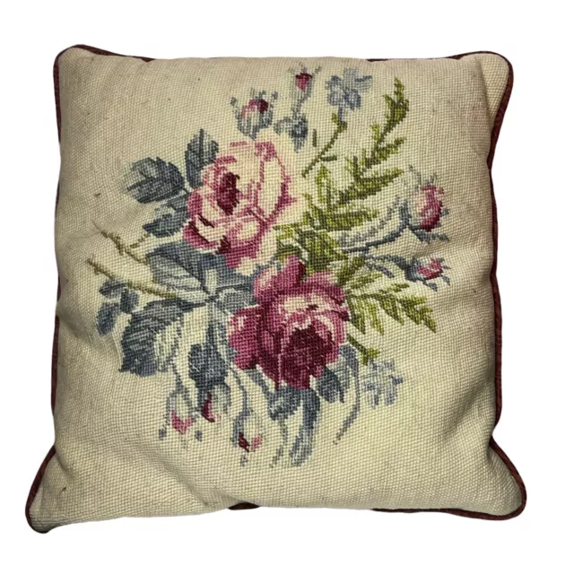 Vintage Needlepoint Victorian Rose Petite Point Throw Pillow Floral Square 15”
