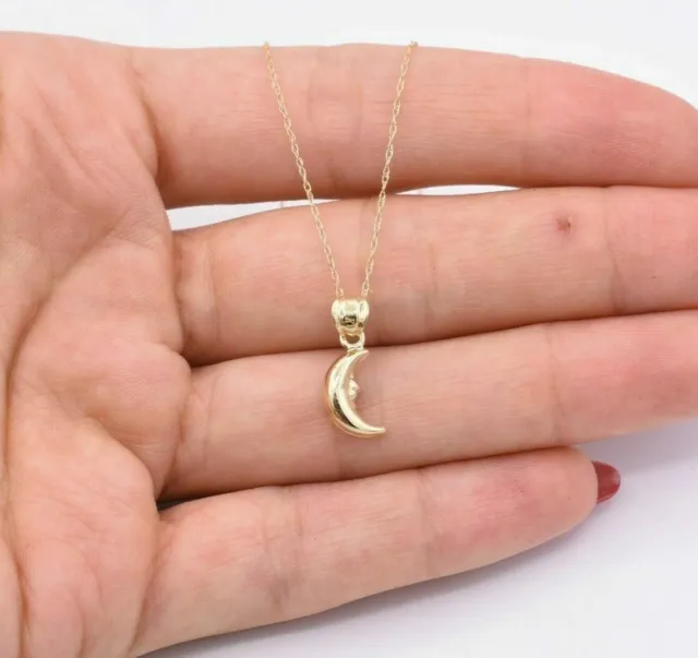 Moon Face Emoji Crescent Luck Charm Pendant Necklace Real 10K Yellow Gold